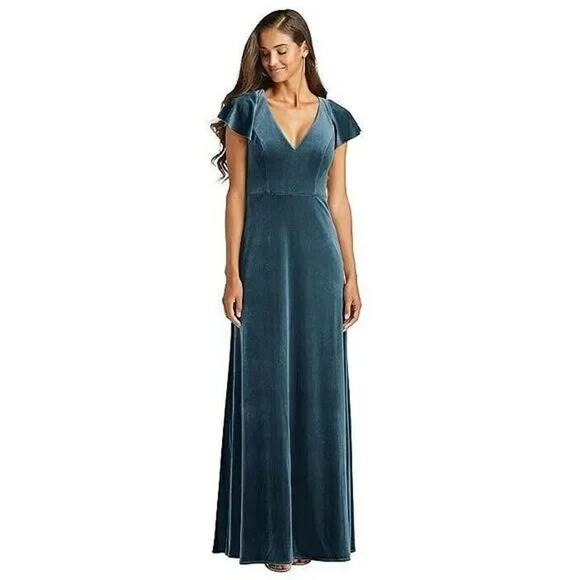NWT After Six Lux Velvet Flutter Sleeve V Neck Maxi Dress Pockets 6 Dutch Blue - Picture 12 of 15